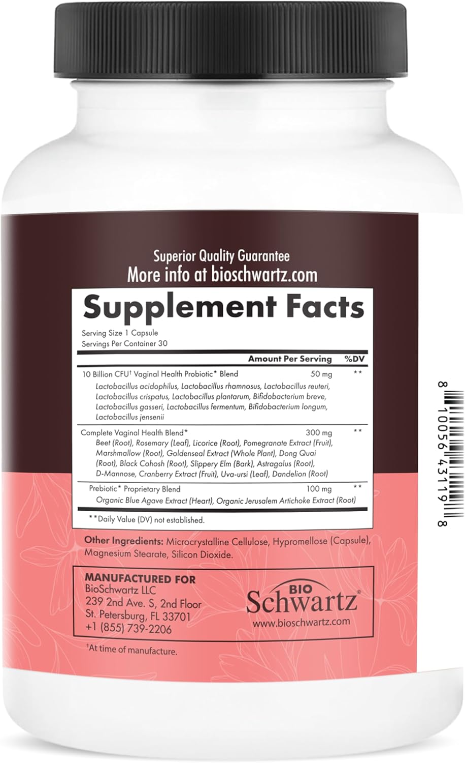 Vaginal Probiotics for Women Supplement with Prebiotics - 30 Capsules | Lactobacillus Crispatus - Supports Women's Health by Promoting Healthy Vaginal Odor, Flora, PH Balance, BioSchwartz