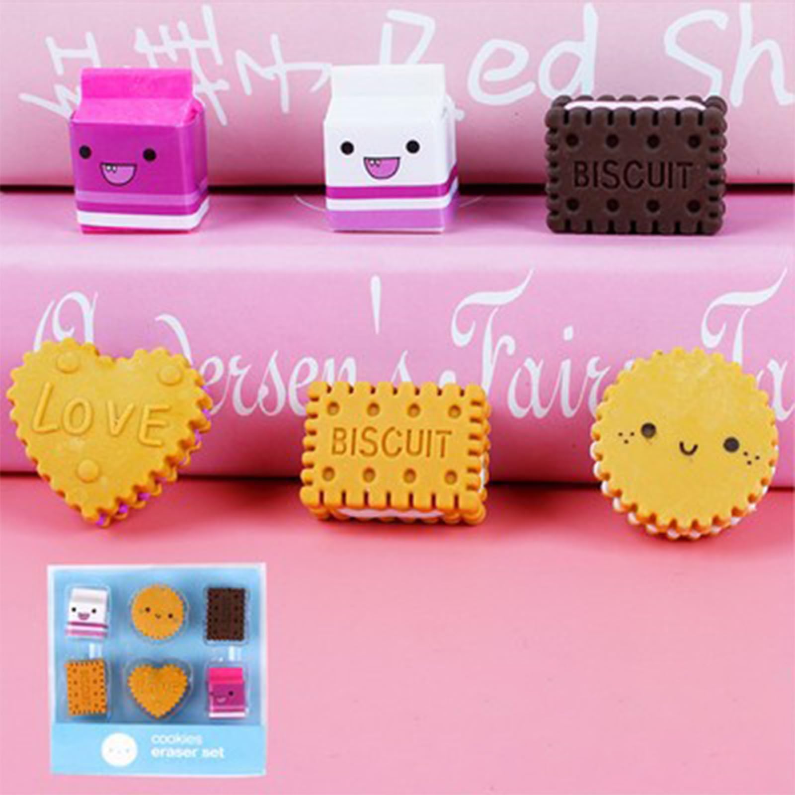 6pcs Box-Packed Eraser Set Cute Kawaii Milk Cookies Biscuit Erasers Coloured Pencil Erasers for Precise Erasing School Stationery Supplies Creative Gift for Kids Children Students - Image 2