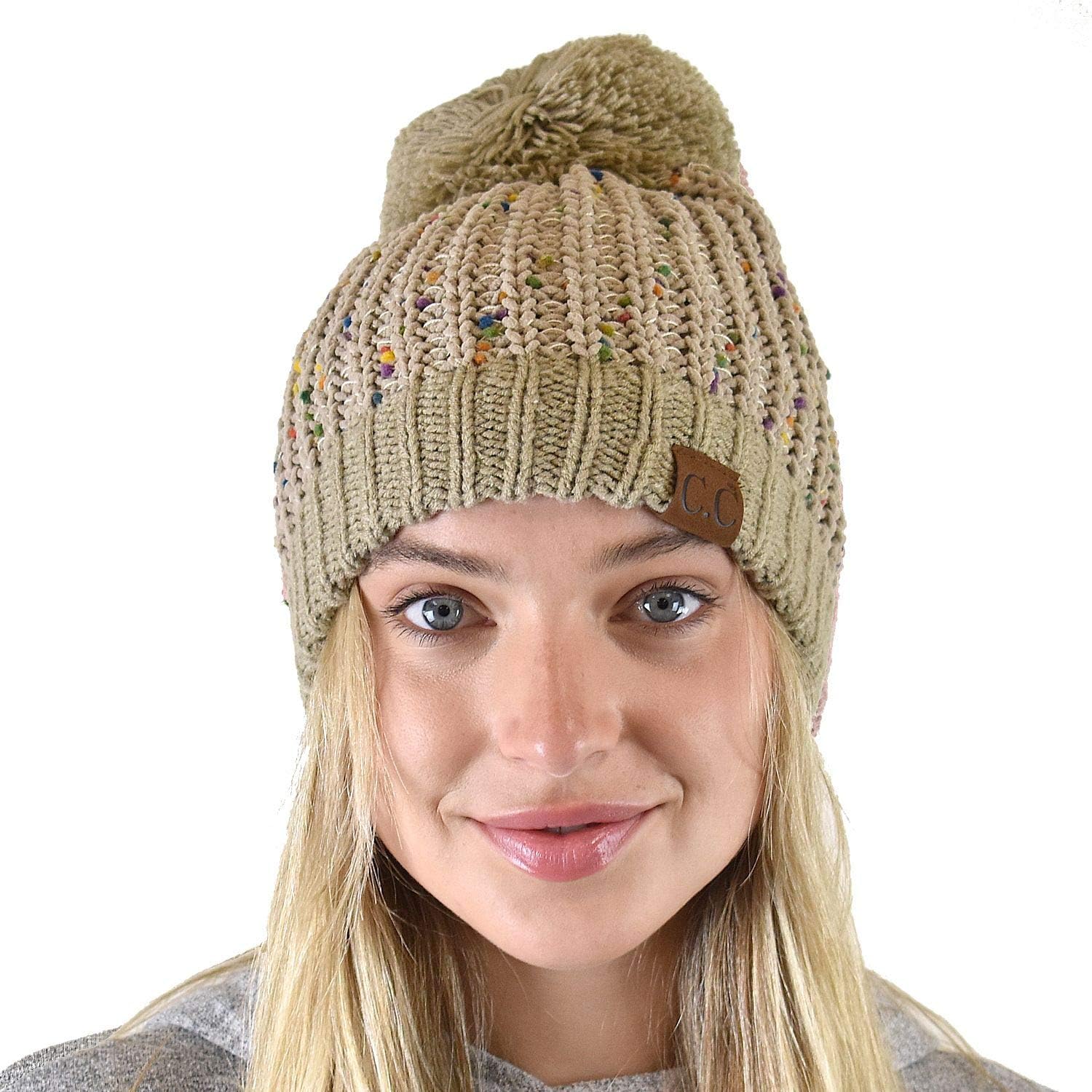 C.C Soft Winter Warm Confetti Knit Chenille Pom Beanie Hat