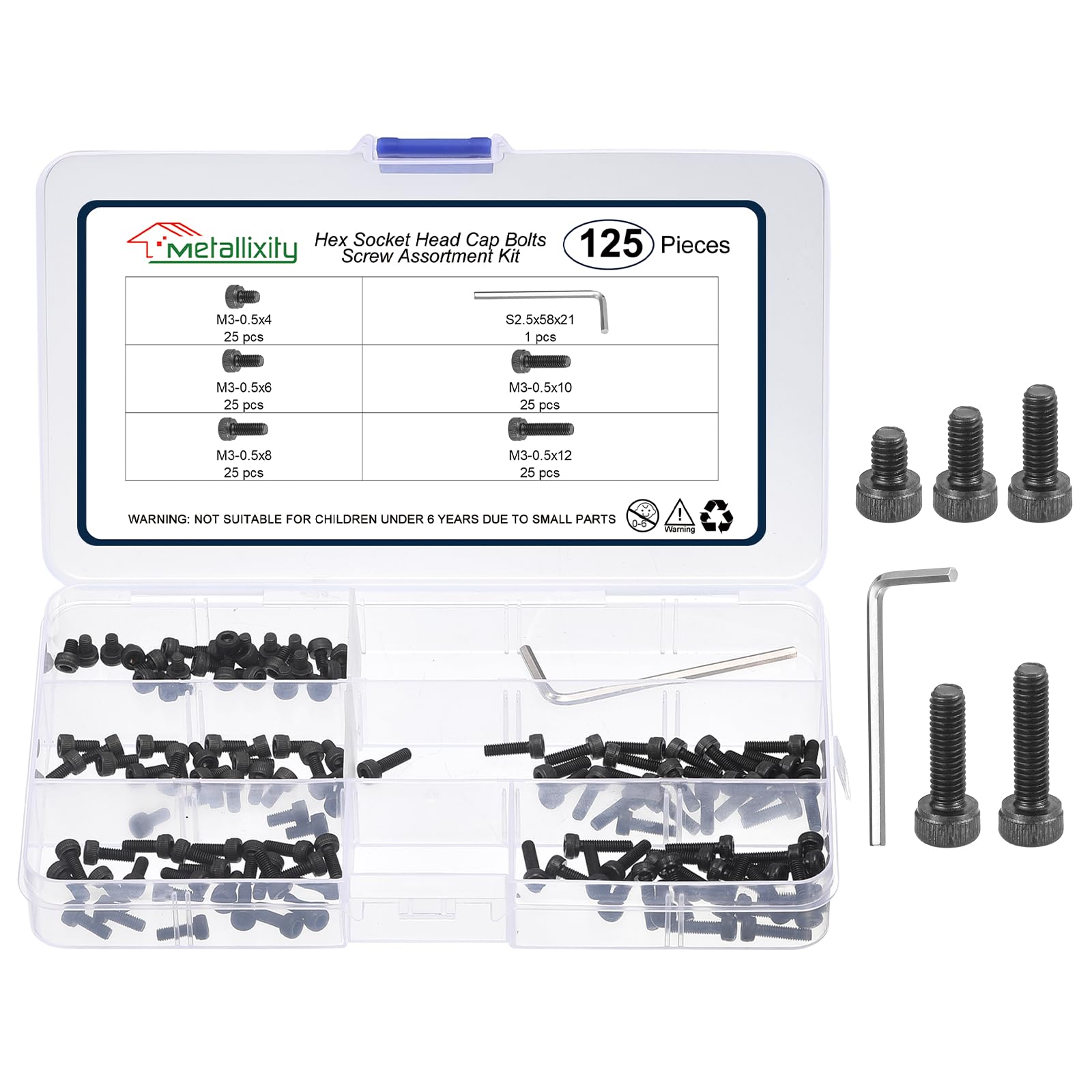 METALLIXITY Hex Socket Head Screws Assortment Kit (M3x4/6/8/10/12mm) 125Pcs, Carbon Steel Allen Socket Drive Metric Oxide - Machine Grade 12.9 Internal Hex Screw, Black