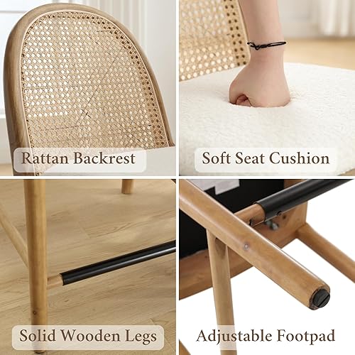 Miniatura 4 de Mid-Century - Juego de 2 taburetes de bar de 26 pulgadas con respaldo de ratán de lino, cómodos taburetes de bar tapizados con patas de madera para