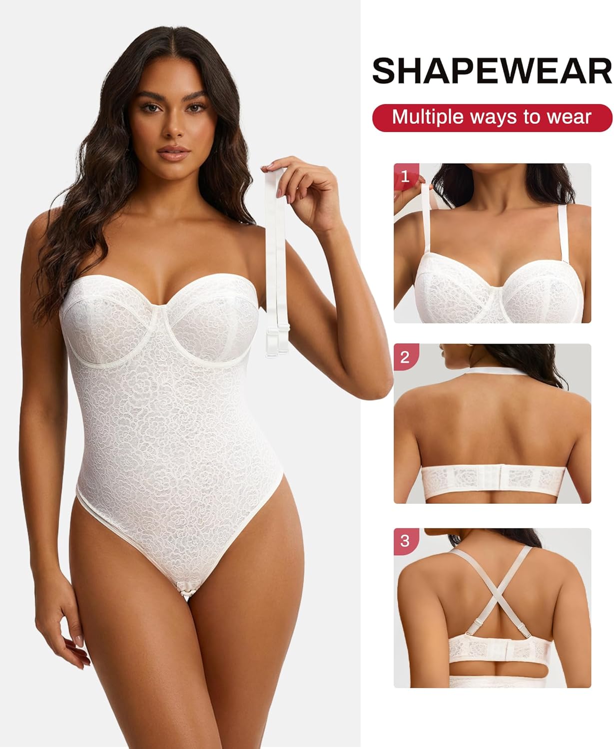 Nebility Strapless Shapewear Bodysuit for Women - Thong Body Suits Tummy Control Body Shaper Underwire Lace Corset Tube Top