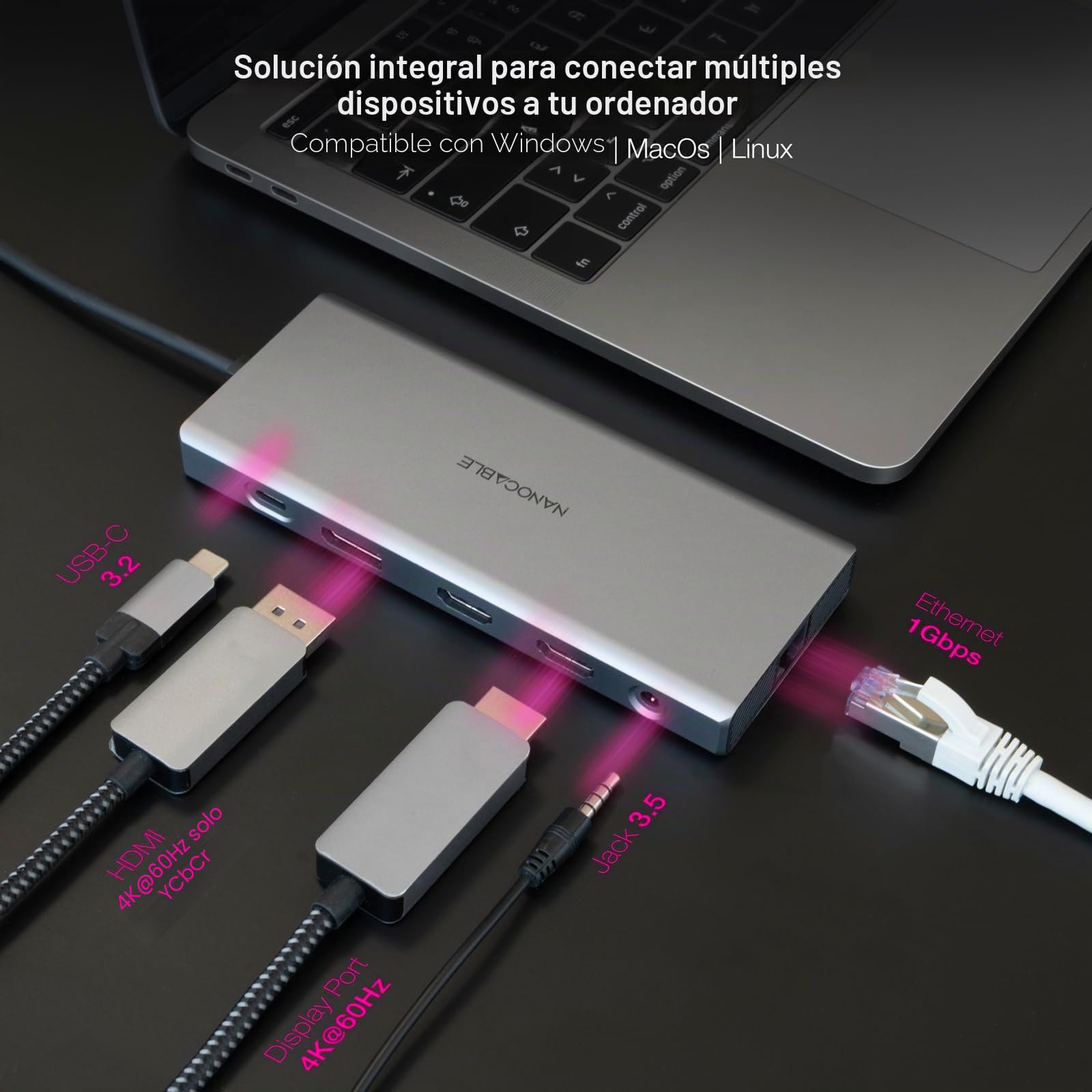 NANOCABLE 10.16.4612 - Hub USB-C 12 en 1, Conversor USB-C 3.1 a 3xUSB-A 3.2 + USB-C 3.2 + USB-C PD + 2xHDMI 4K@60Hz + DP 4K@60Hz + RJ45 1Gbps + TF + SD + Audio Jack 3.5, Aluminio, Gris, 18 cm