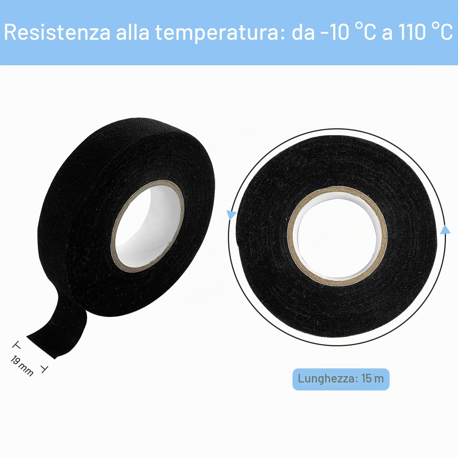 Diompirux 4 pezzi Nastro Isolante in Tessuto,nastro tessile autoadesivo per cablaggi,Nastro in Industriale,Nastro Adesivo Telato Nero per Fili a Vista-Auto,Moto e Cavi(19 mm x 15 m)