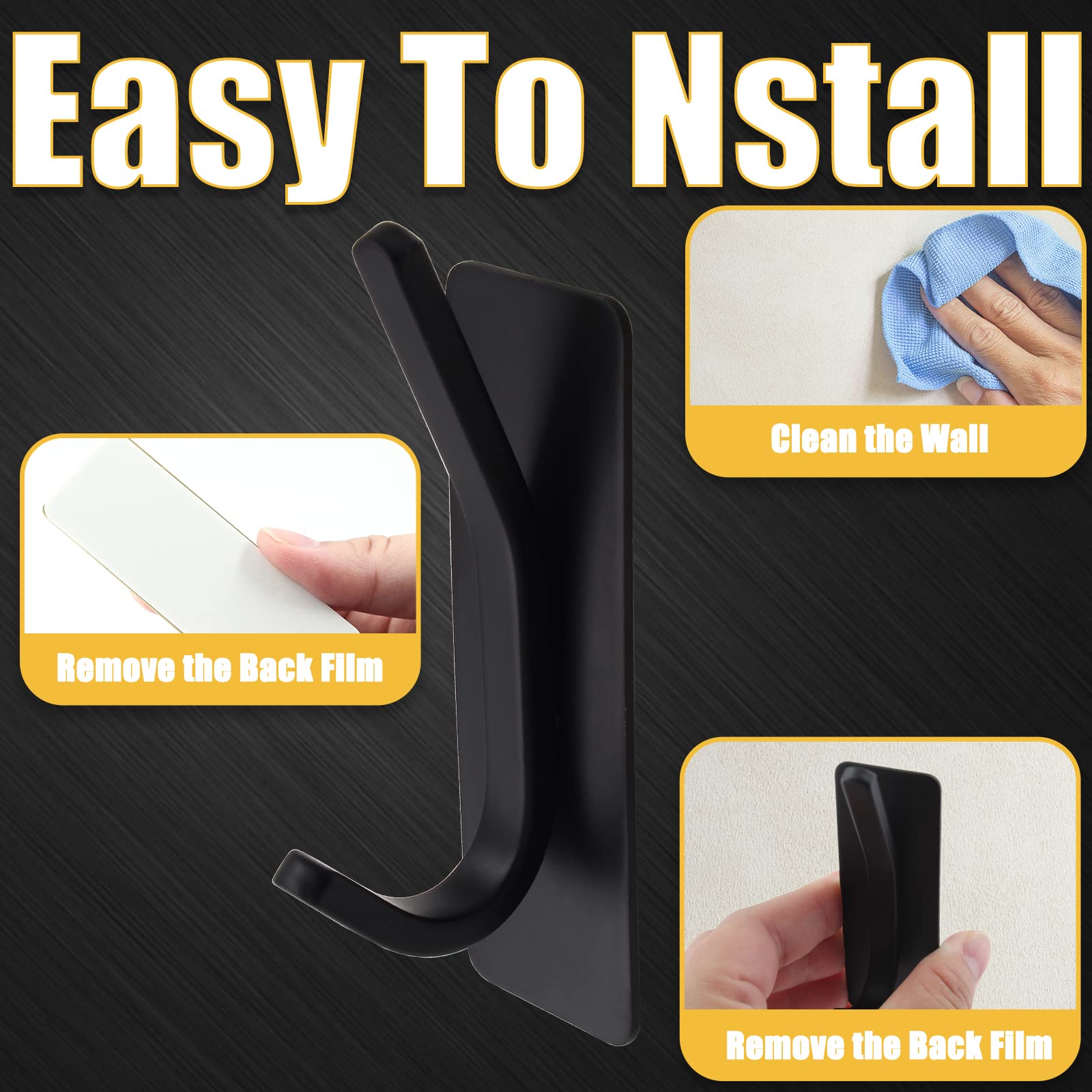Ganchos autoadhesivos de pared, gancho para toallas de mano, ganchos para puerta de baño, 4 unidades, ganchos adhesivos de cocina de acero inoxidable negro