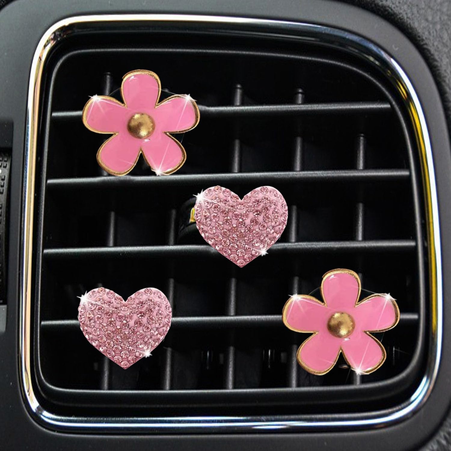4PCS Car Air Vent Clips with Fragrance Pads, Cute Flower Car Air Fresheners Vents Clips Diamond Vent Clip Auto Interior Decor Charm Bling Auto Accessories Decoration for Women (Red)