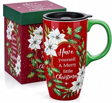 Topadorn 17oz Poinsettia Holly Ceramic Coffee Mug with Lid & Gift Box