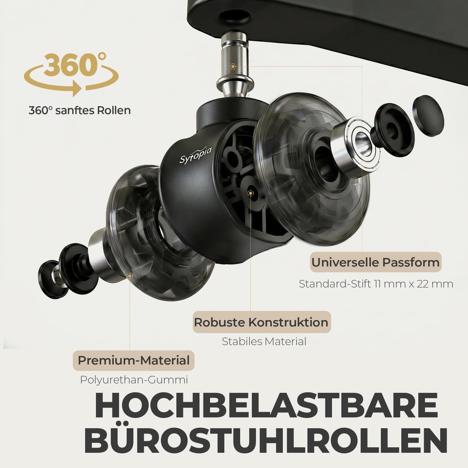Sytopia Bürostuhl Rollen 11mm x 22 mm, 5er Set Rollen für Bürostühle, Hartbodenrollen für Bürostuhl Stuhlrollen Ersetzen Bodenschutzmatte