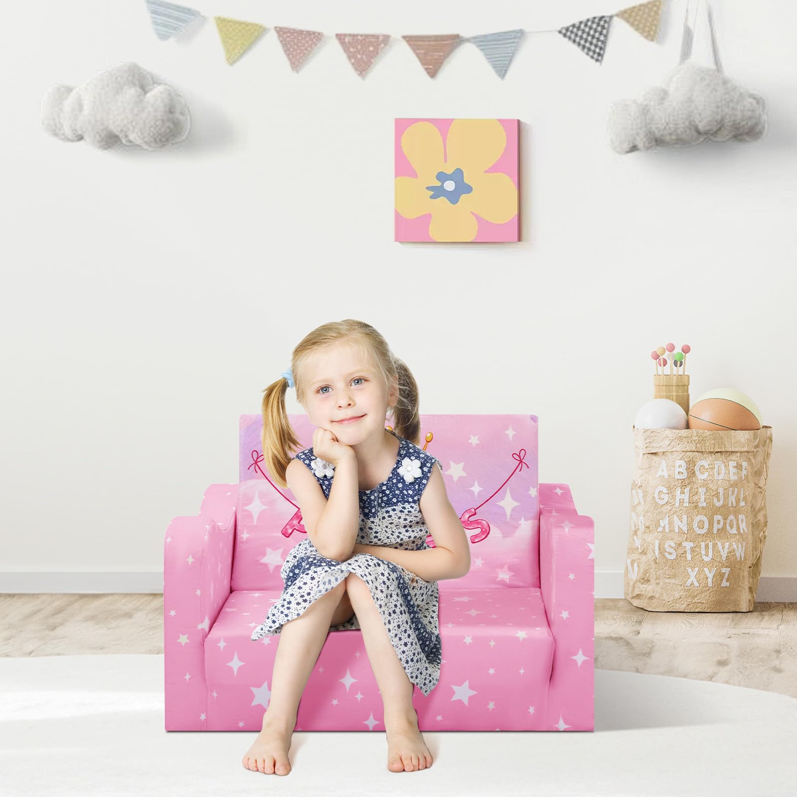 Kindersofa Ausklappbar 2-in-1, Standfester Schlafsofa für Jugend und Mädchen,Weiche Kindercouch für Kuschelecke Leseecke, Rosa Prinzessin