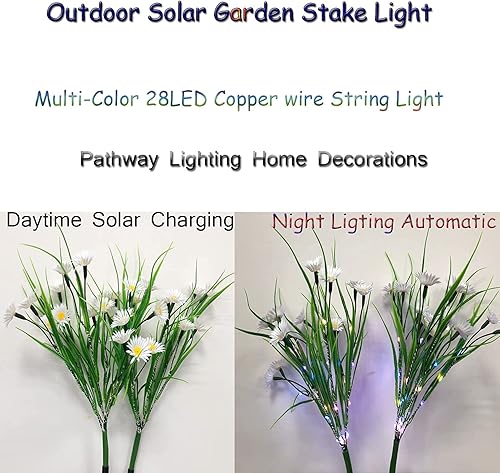 Miniatura 8 de Paquete de 2 luces solares de flores para exteriores, impermeables, 28 LED, diseño de margaritas, luces decorativas en el suelo, 2 modos para