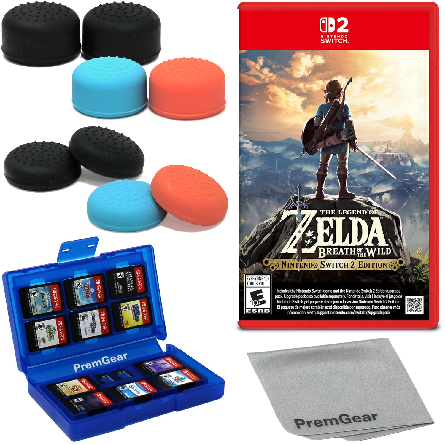 The Legend of Zelda: Breath of the Wild for Nintendo Switch 2 Edition (US Version), with PremGear Thumb Grips (8 pack, 3 colors, 2 Heights - 3mm, 7mm), 24 Slot Game Card Holder & Cleaning Cloth