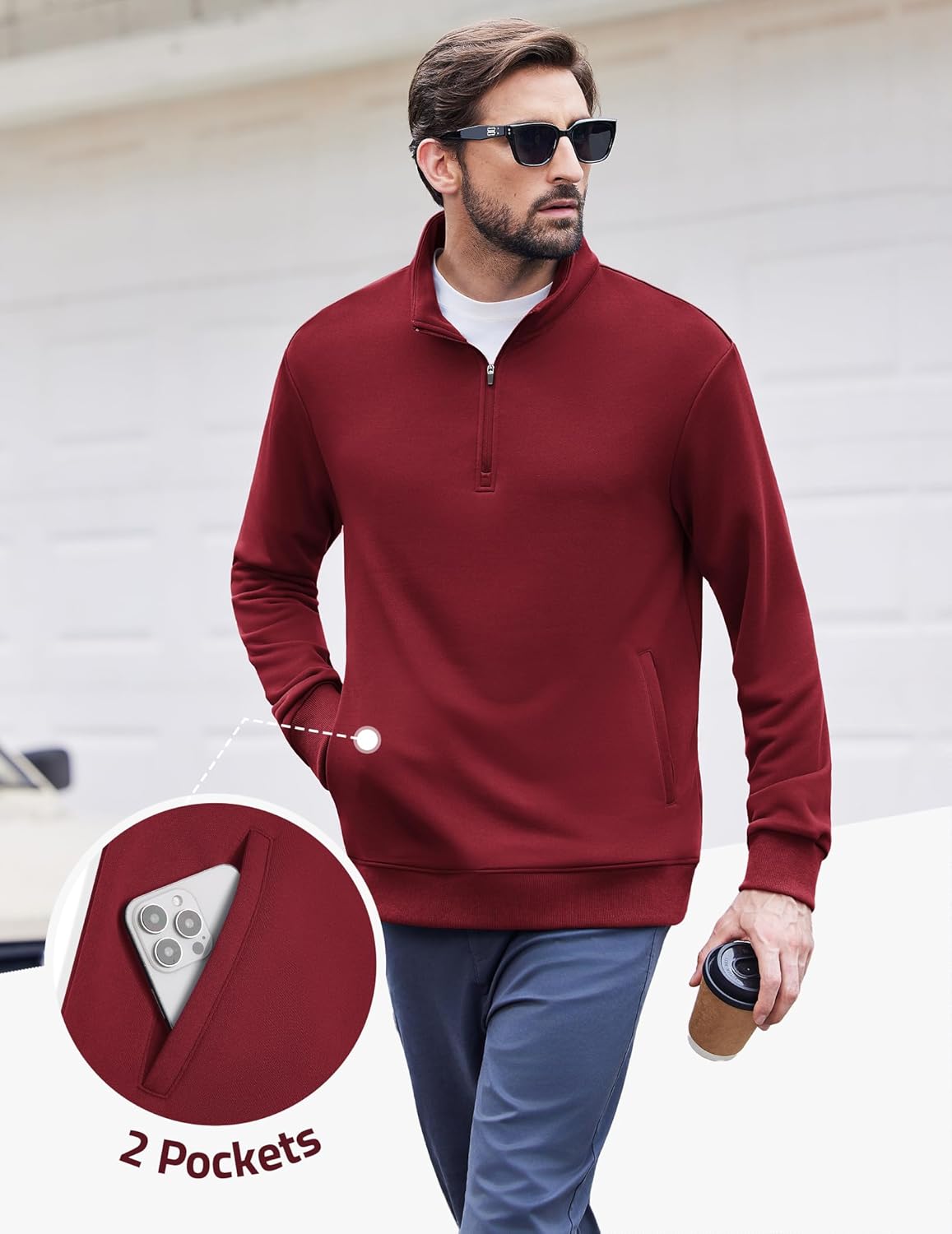 PINSPARK Mens Quarter Zip Pullover Long Sleeve Mock Neck Sweatshirts with Pockets Thermal Midweight Polo Shirt Relaxed Fit - Image 4