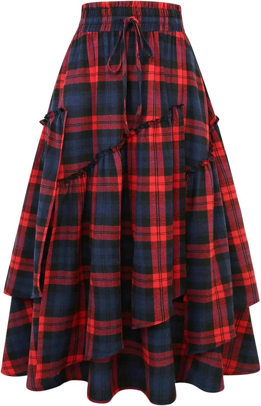 IDEALSANXUN Womens Long Plaid Skirts High Waisted A Line Renaissance Maxi Skirt with Pockets