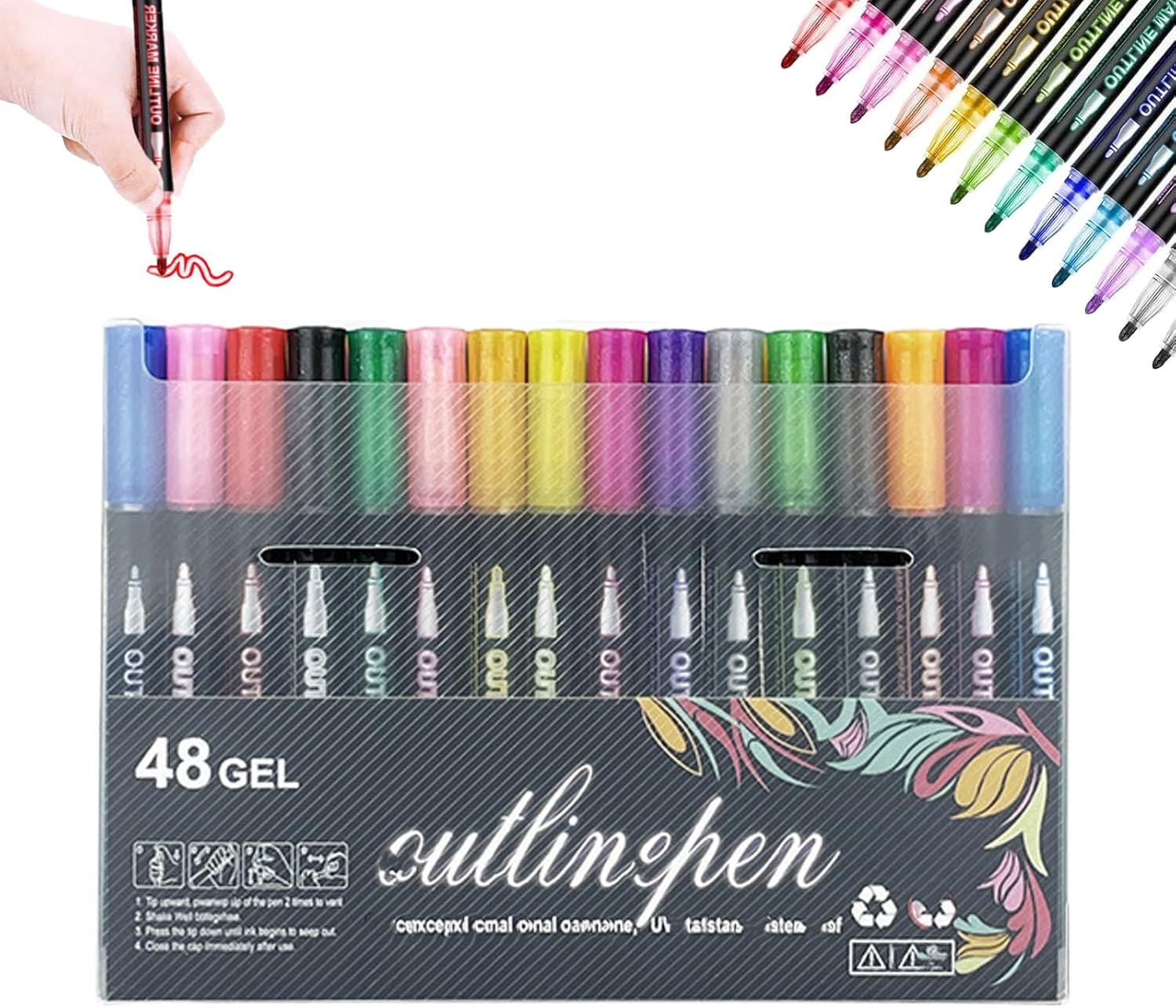 8/12/24/36/48/60 Colors Double Line Outline Art Pen Marker Pen, Outline Markers Pen, with Vibrant Ink, Self-Outline Metallic Markers for Greeting Cards & Crafts, and Doodling (48Pcs)