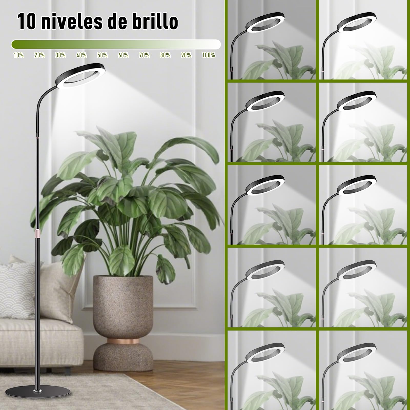Lámpara para Plantas LED, Espectro Completo 380-800nm con Temporizador 6/12/16H, 3 Modos Luz & 10 Niveles Brillo, Altura Ajustable 57-170cm, Grow Light para Plantas de Interior, Incluye Temporizador