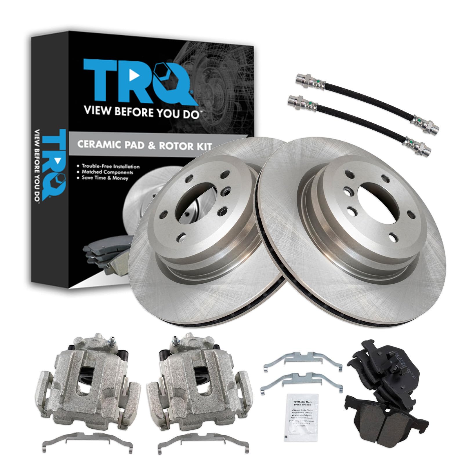 TRQ Rear Brake Pad and Rotor Set Ceramic Rotors Calipers Compatible with 2006 BMW 330i 330xi 2009-2011 335d 2007-2013 335i 2011-2013 335is 2007-2008 335xi