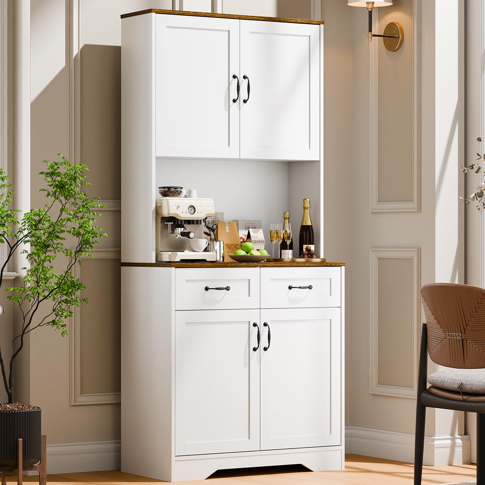 Cozy Castle Pantry Cabinet, Farmhouse Kitchen Hutch Cabinet with Storage Drawers Freestanding Coffee Bar Liquor Sideboard Large Countertop Cupboard for Dining Room, Living Room, 71'' Tall White