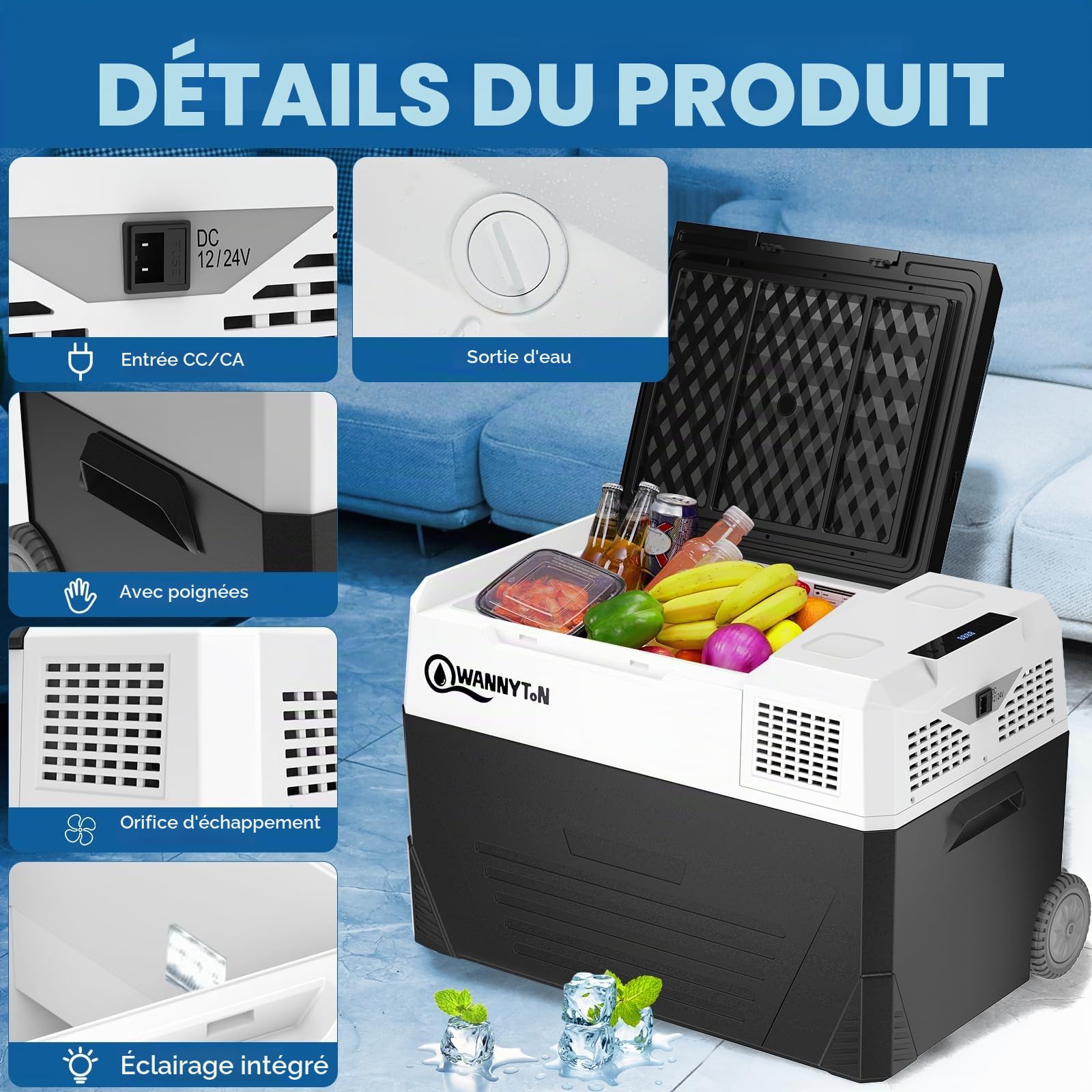 WANNYTON 58 L Glacière Électrique Voiture, Mini Frigo, Glacière à Compression, 12/24/100-240 V, Réfrigérateur Portable pour Voiture, Camion, Bateau, Camping-car