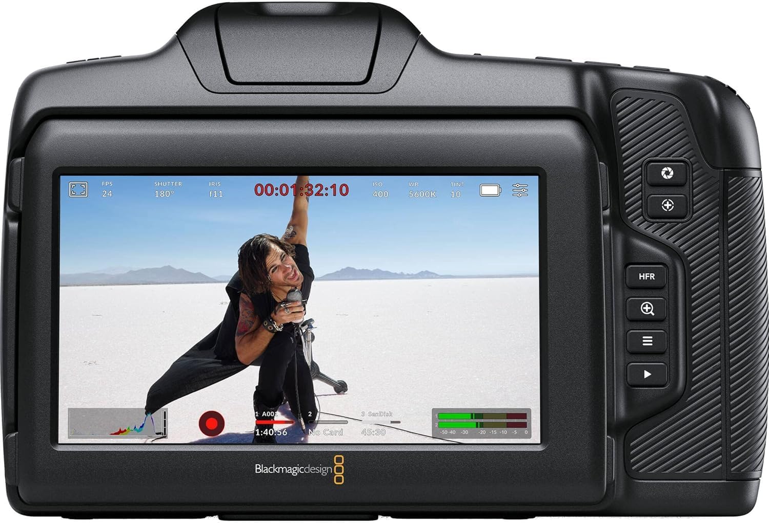 Blackmagic Design Pocket Cinema Camera 6K G2 rear view with live footage on screen