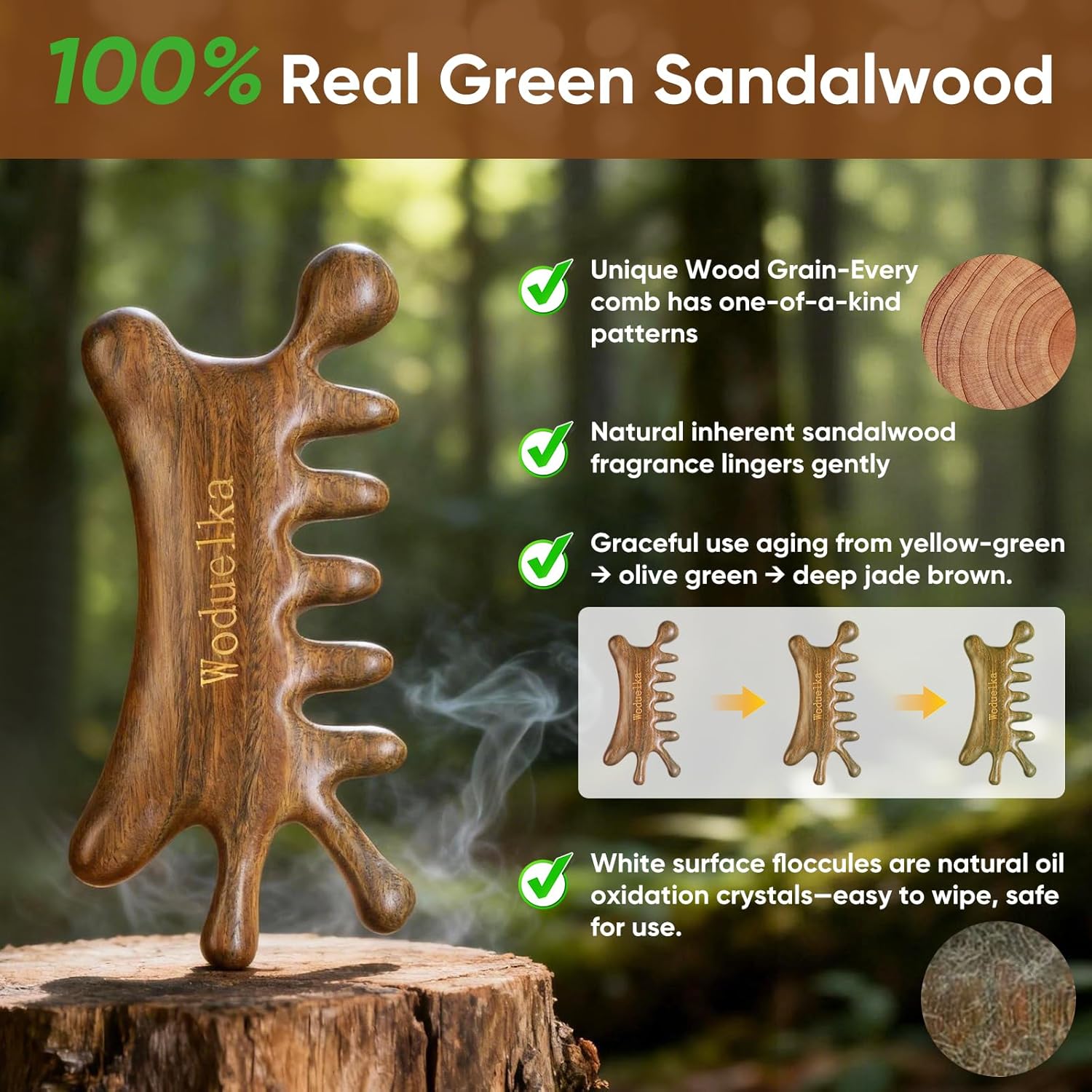 6-in-1 Gua Sha Tool for Face & Body – Green Sandalwood Massage Comb, Lymphatic Drainage, Wooden Scalp Massager, Jaw Lifting & Nose Sculpting, Head Massage Comb, Gift for Women - Image 3