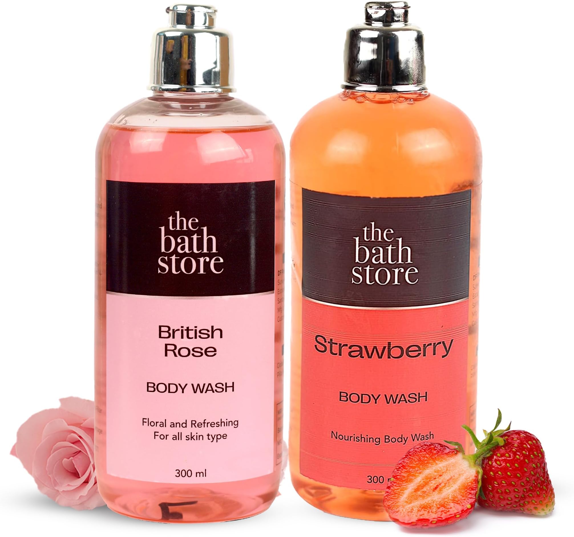 The Bath Store (British Rose & Strawberry) Body Wash Shower Gel | Body Wash for Men & Women for smoother skin | Liquid Soaps for Bath for all Skin Types- No Sulphates & Paraben - 300ml*2
