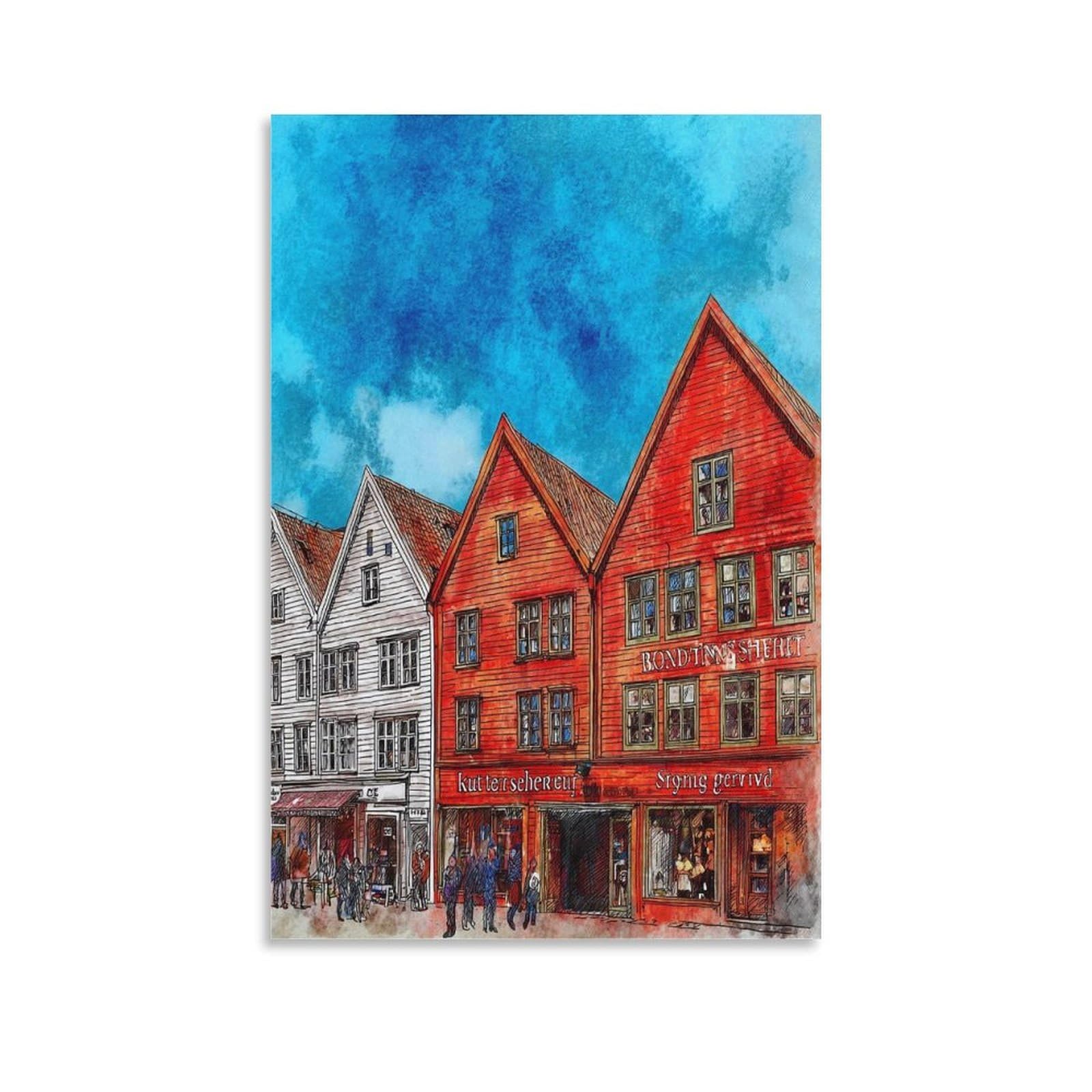 Lcynnh Unframe-Style Bergen Norway 16X24inch(40X60cm) Vintage Travel Poster Watercolor Canvas Art