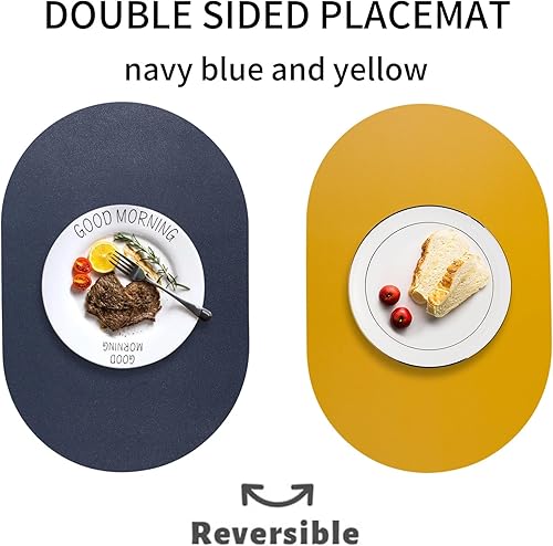 Miniatura 2 de Juego de 6 manteles individuales reversibles, impermeables, ovalados, de piel sintética, color azul marino y amarillo, resistentes al calor,
