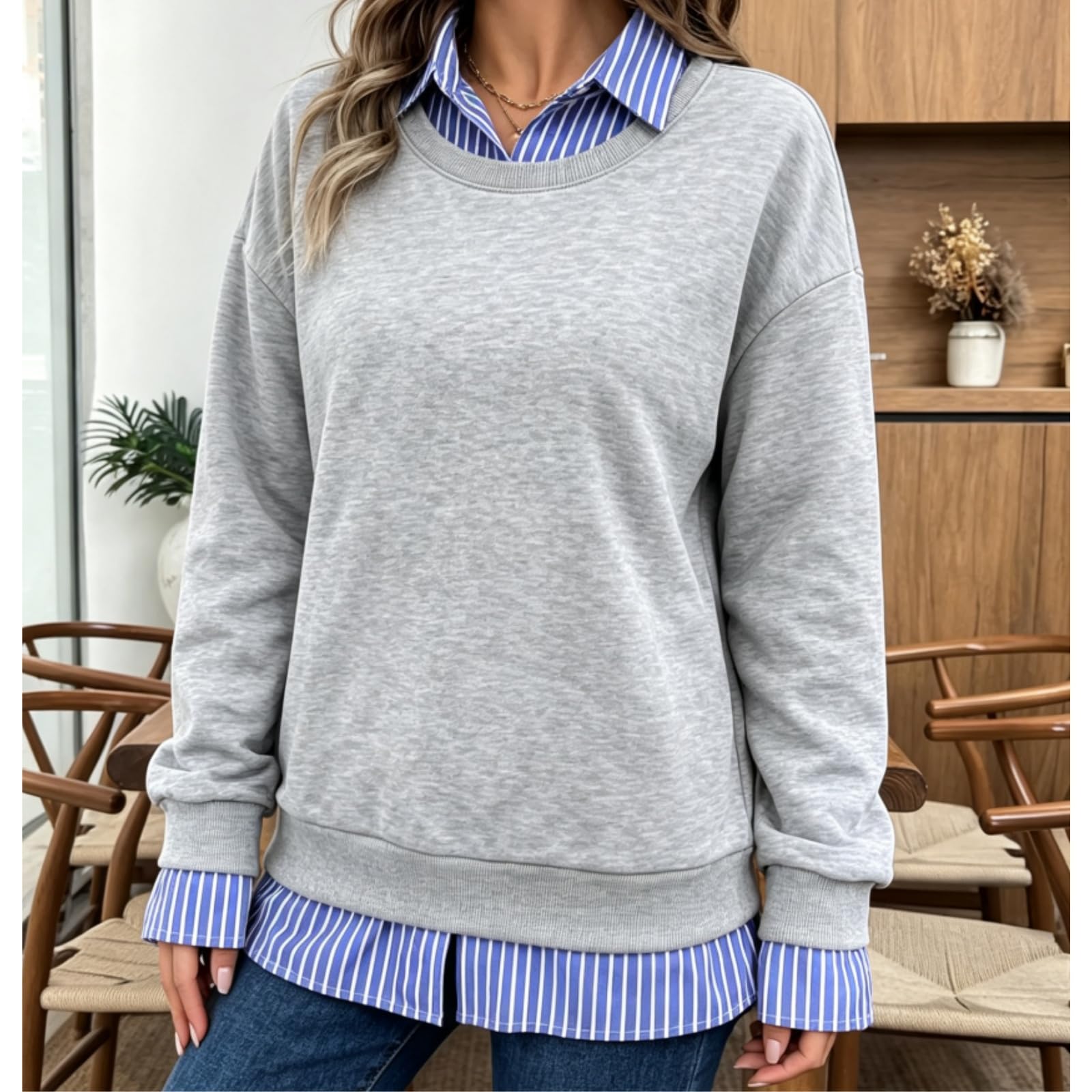 Felpe autunnali da donna – Felpa patchwork a righe con colletto
