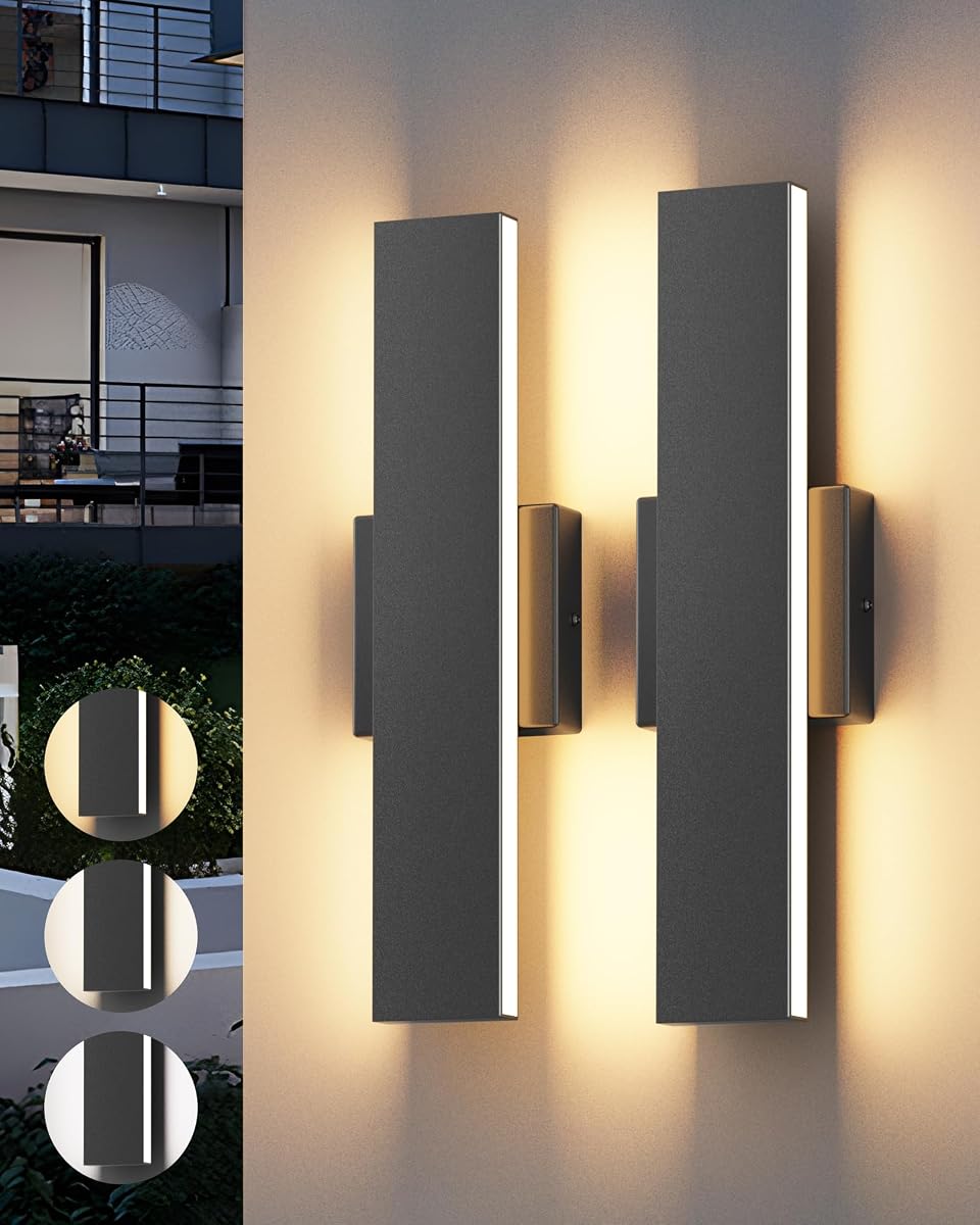 2 Pack 15.7in Outdoor Wall Light,3000K 4000K 6000K Modern Exterior Wall Sconces IP65 Waterproof for Patio Porch(3CCT)