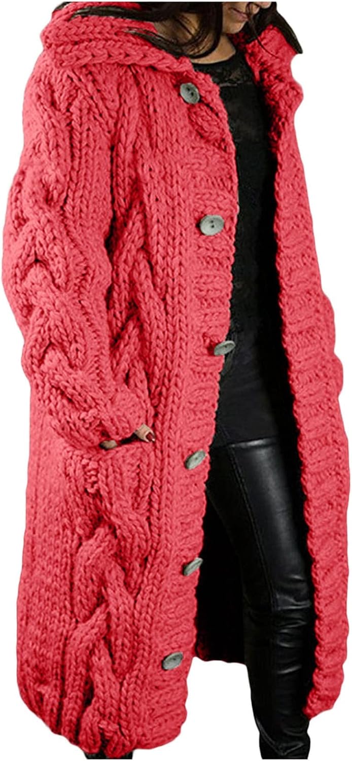 Gilet Long Femme Grosse Maille Laine Chic Élégant - Cardigan Hiver Chaud Avec Capuche, Grande Taille Oversize, Pull Tricot Ouvert Épais