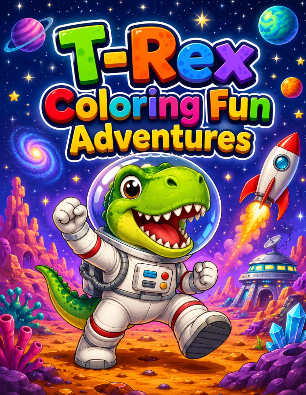 T-Rex Coloring Fun Adventures: 40 Cute Dinosaur Adventure Pages with Jungle, Space, Underwater, and Play Scenes for Kids Ages 4-8