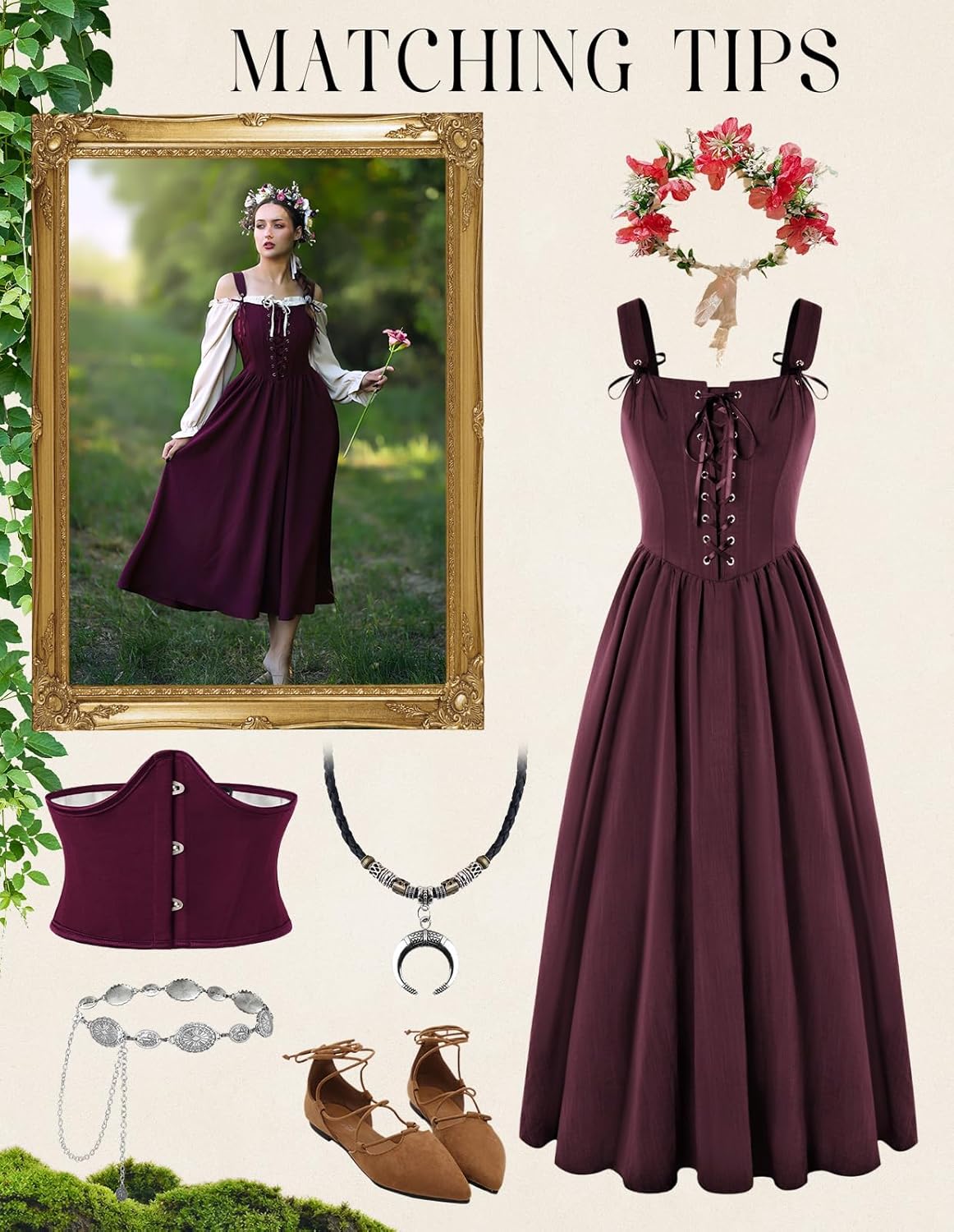 Scarlet Darkness Renaissance Dress Women Lace Up Cottagecore Sleeveless Long Dress Medieval Costume - Image 6