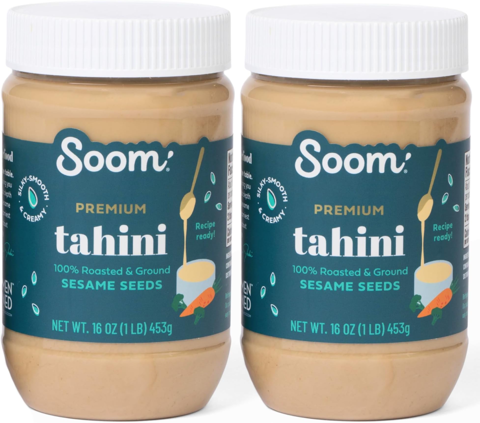 Soom Foods Ground Premium Sesame Tahini Paste 16oz (2 Pack) | Silky Smooth Texture in Hummus, Dips, Dressings | Vegan, Nut-Free, Gluten-Free, Dairy-Free, Paleo, Keto