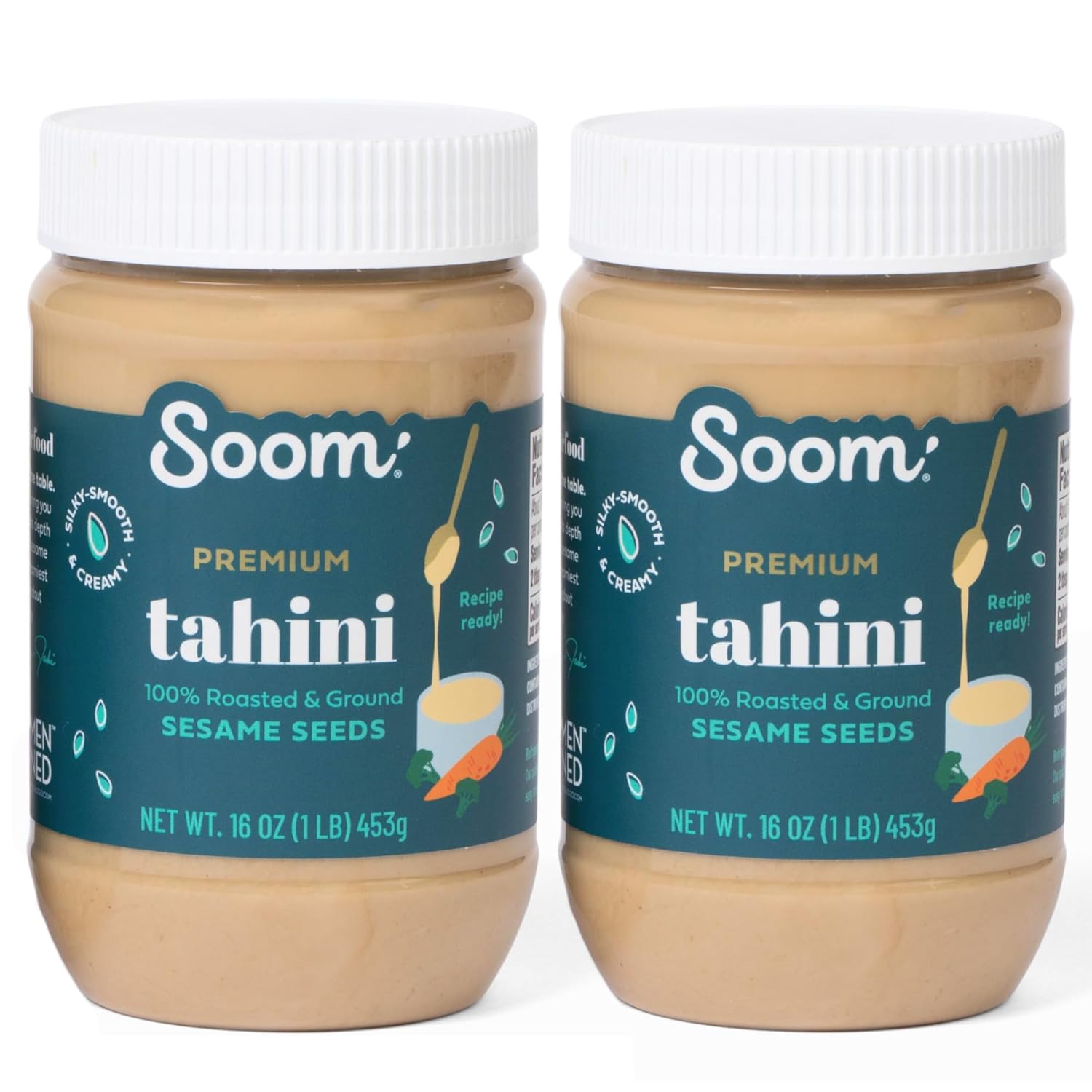 Soom Foods Ground Premium Sesame Tahini Paste 16oz (2 Pack) | Silky Smooth Texture in Hummus, Dips, Dressings | Vegan, Nut-Free, Gluten-Free, Dairy-Free, Paleo, Keto