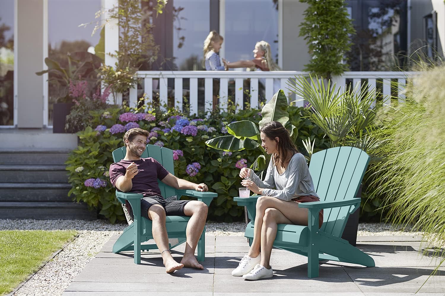 Keter Alpine Adirondack 2 Pack Resin Outdoor Furniture Patio Chairs with Cup Holder Perfect for Beach, Pool, and Fire Pit Seating, Teal : Patio, Lawn & Garden
