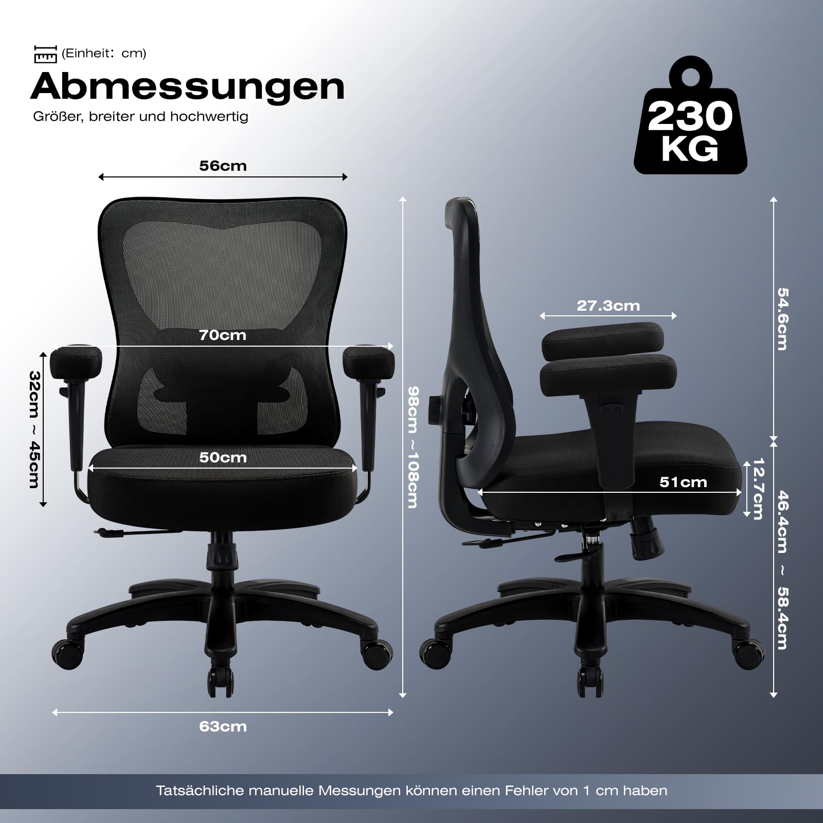 Hellove Bürostuhl Ergonomisch 230KG, Schreibtischstuhl mit Verstellbarer Armlehnen und Lendenwirbelstütze, Drehstuhl mit 50cm Große Sitzfläche Computerstuhl Mesh-Stuhl für Homeoffice Wippfunktion