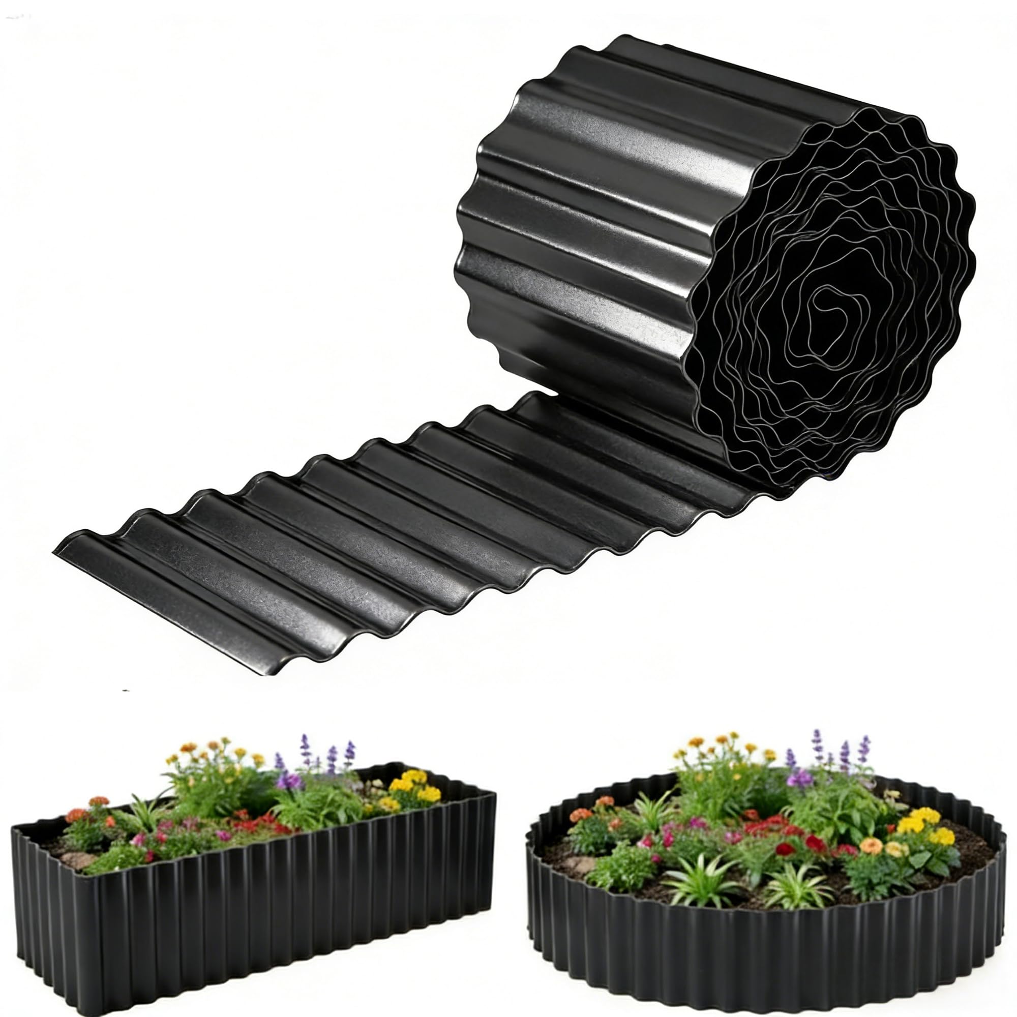 Metal Lawn Edging, 6 Inch x 20 Ft Sturdy Corrugated Garden Edging Border Flexible Metal Edging for DIY Flower Beds, Lawns, Pathway (Black, 15 cm X 6 m)