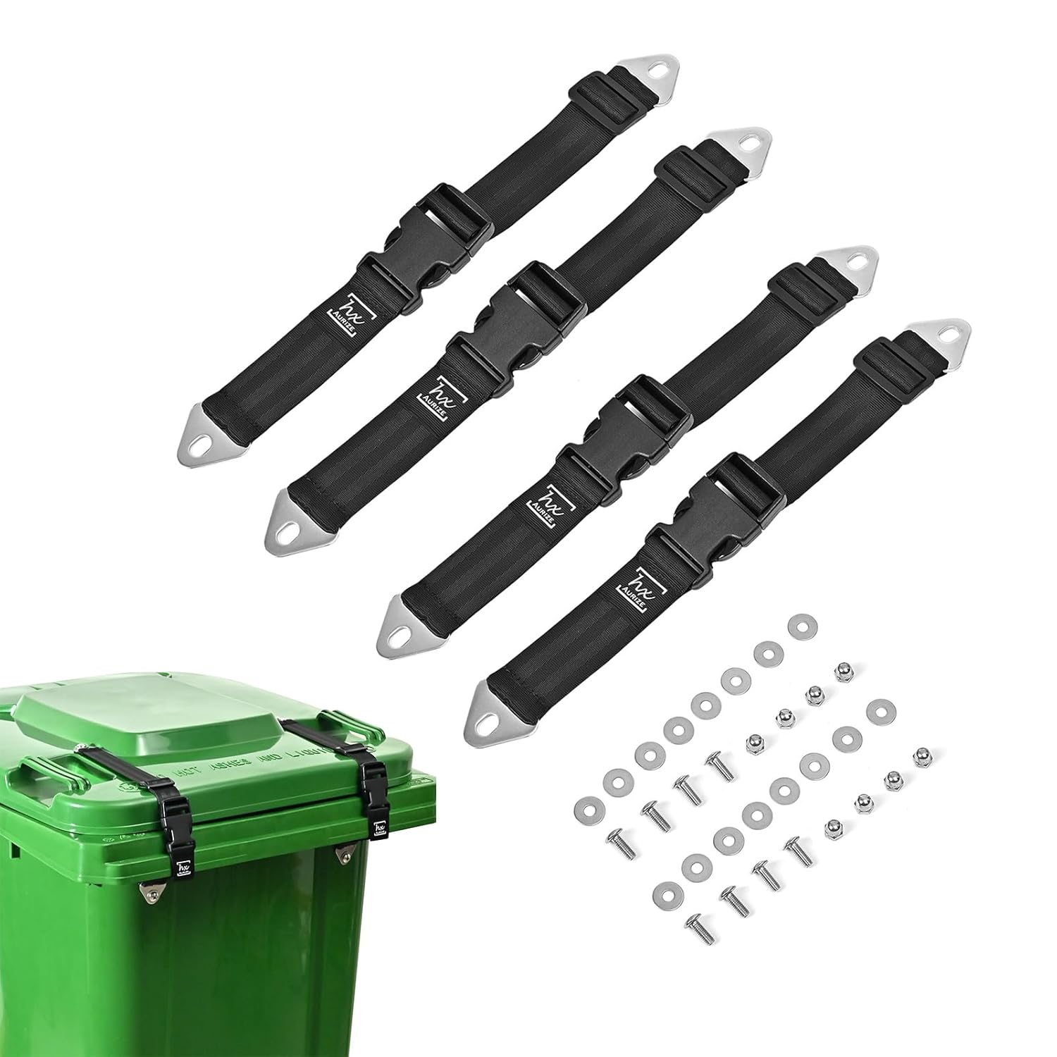 HX AURIZE Universal Trash Can Lid Lock Strap for Round & Square Bins - Sturdy Outdoor Garbage Lock - Raccoon, Dog & Small Animal Stopper - Secure Bolt-On Design (Drilling Required) Black 4 Pack