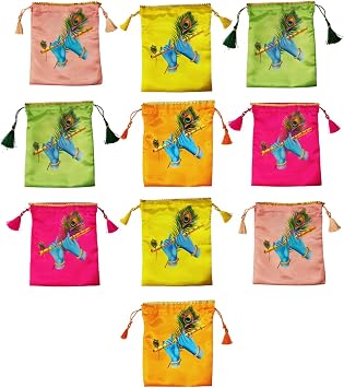 Sri Yagnaa - Pack of 10 - Lord Krishna Hands Design Potli Bags - Womens Silk Drawstring Closure - Gift Pouches - for Return Gifting - Potli Bags for Thamboolam - Fabric Potli Batwa Bag Multi-Color