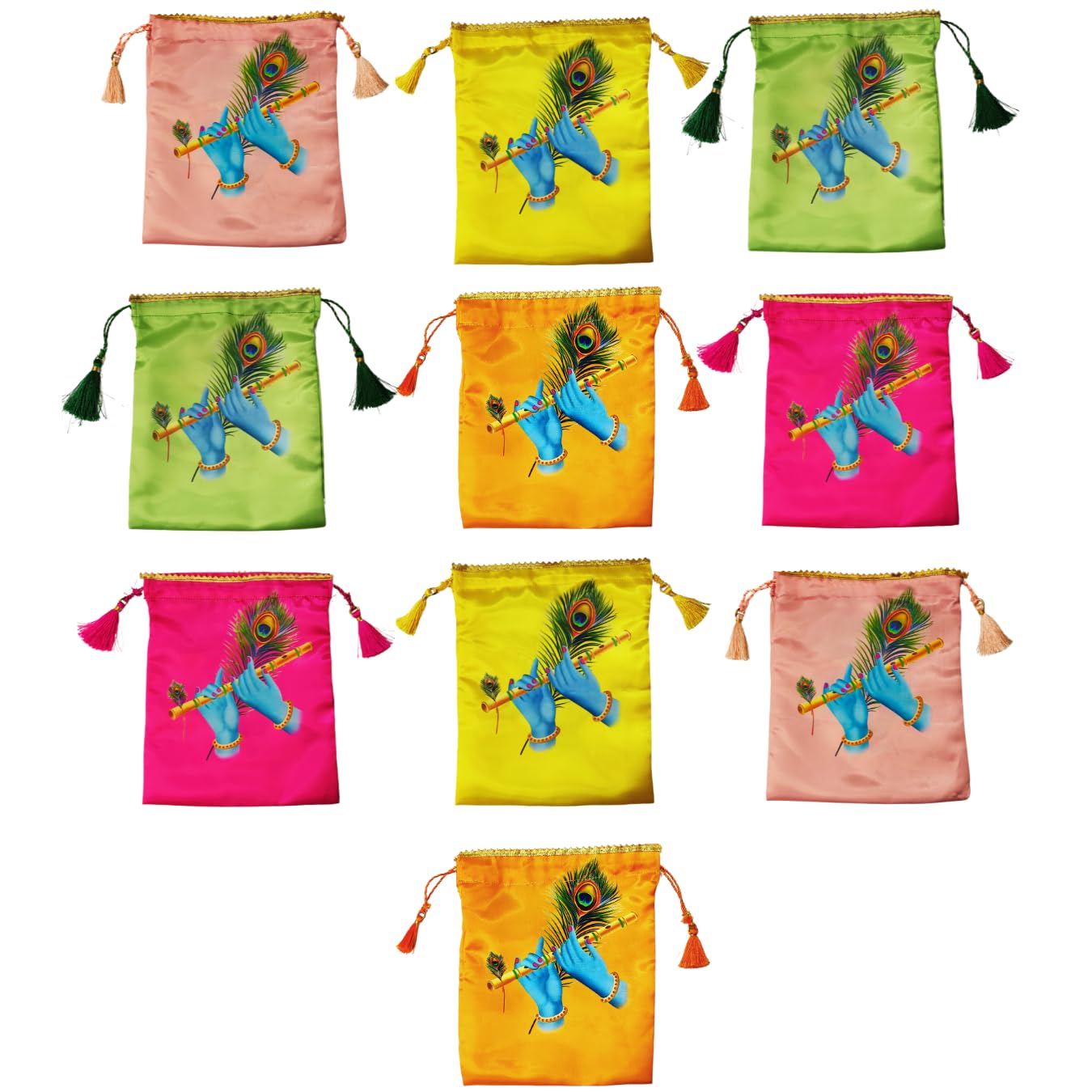 Sri Yagnaa - Pack of 10 - Lord Krishna Hands Design Potli Bags - Women's Silk Drawstring Closure - Gift Pouches - for Return Gifting - Potli Bags for Thamboolam - Fabric Potli Batwa Bag (Multi-Color)-image-26