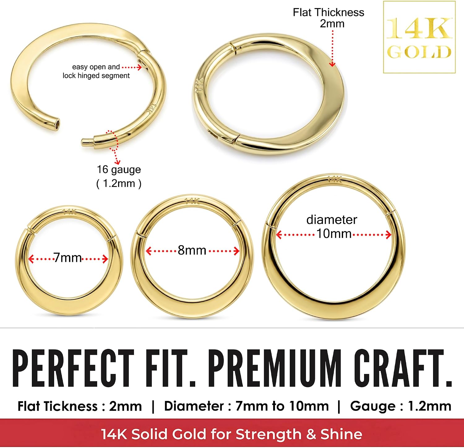 14K Solid Gold Flat Bar Front Facing 16 Gauge Hinged Clicker Segment Ring, Cartilage, Helix, Tragus, Piercing Jewelry