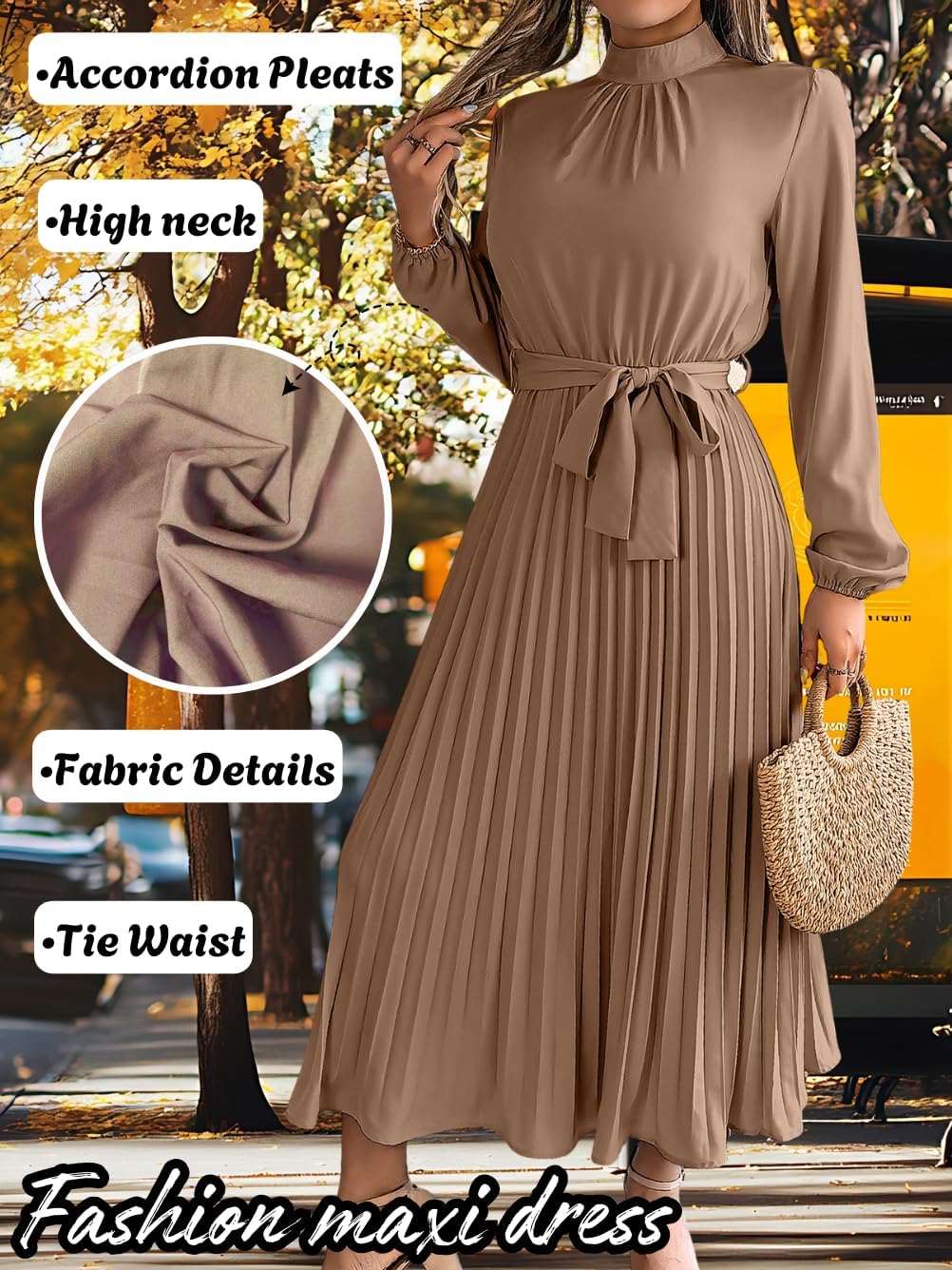 Pleated Maxi Dress, Mock Neck A Line, Fall Holiday, Long Sleeve Modest Business Casual Flowy Dresses for Women - Image 4