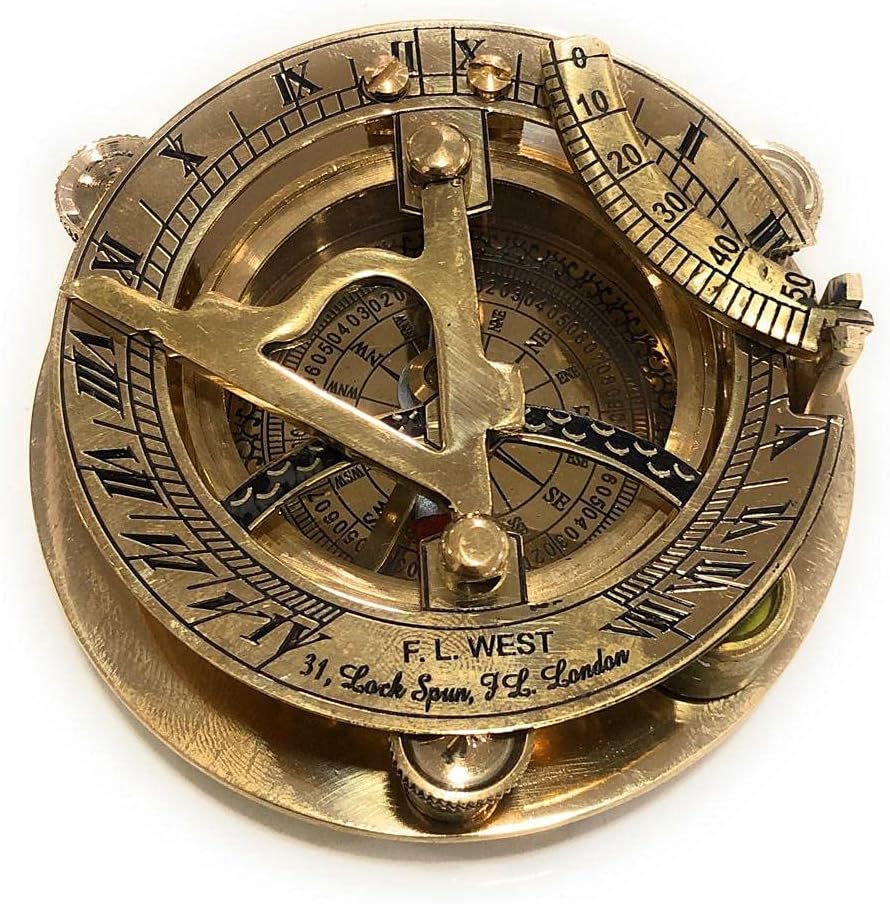 Antique Brass Sundial Compass with Leather Case, Steampunk Nautical Navy Souvenir Compass, Graduation, Baptism, Birthday, Anniversary, Motivational Gift for Camping, Travelling, Boating Equipment