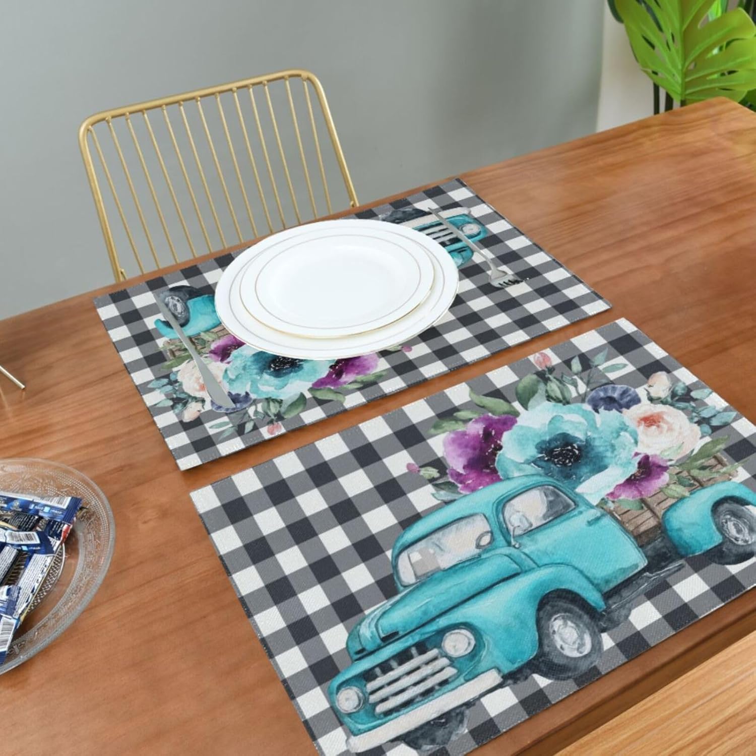 Plaid Turquoise Truck Placemats Set of 6 Buffalo Check Black White 12 x 18 in Washable Heat-Resistant Table Place Mats for Kitchen Dining Table Home Decoration