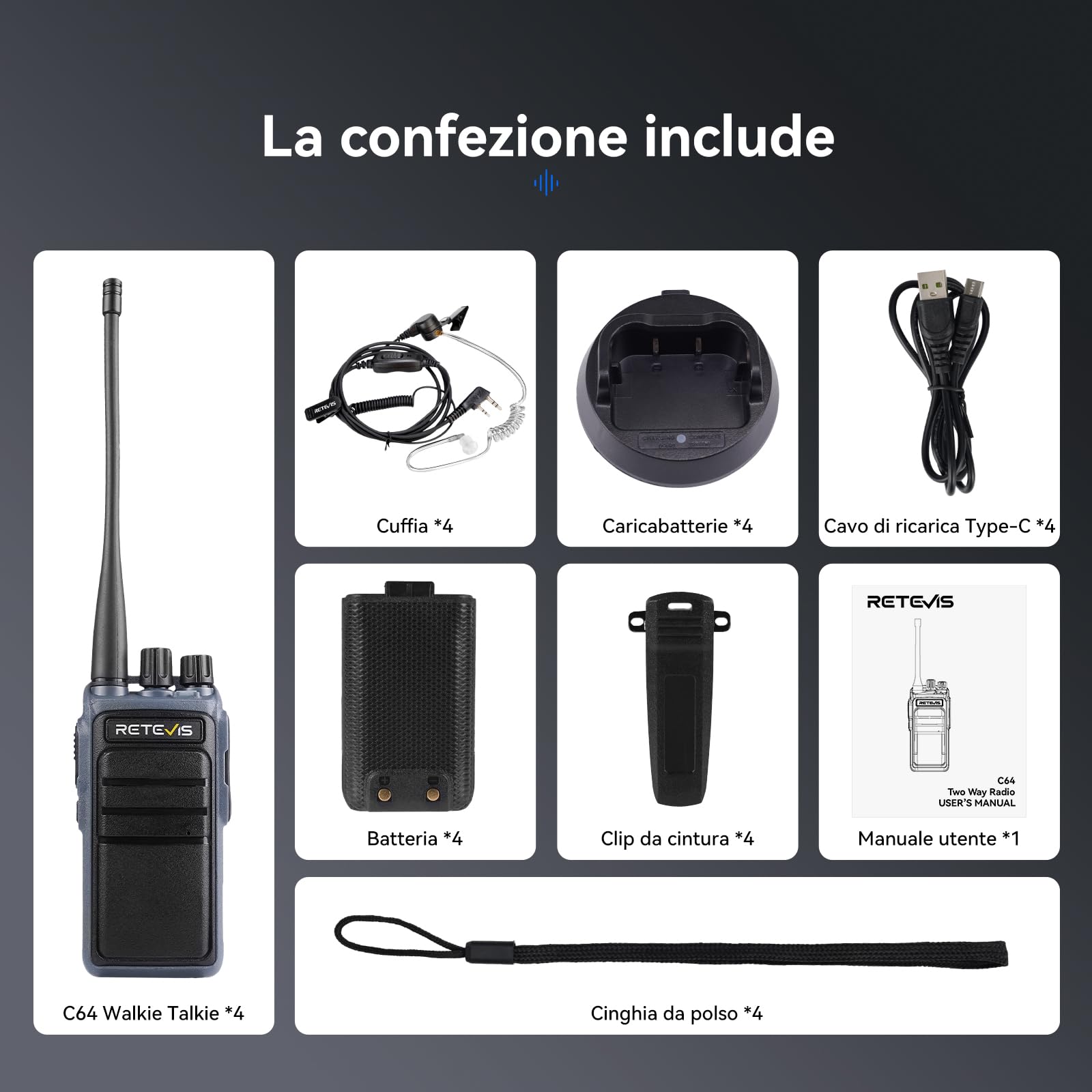 Retevis C64 Walkie Talkie Lunga Distanza, Radio Bidirezionali con Riconoscimento Vocale Intelligente, Riduzione del Rumore, Radio Portatile con Auricolare per Ristoranti, Hotel (Nero, 4 Pezzi)