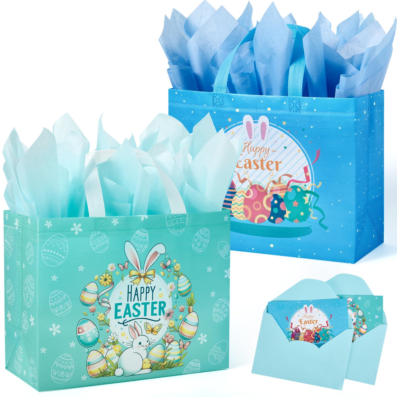 YANGTE 2-Pack 13" Large Easter Gift Bags with Tissue Paper, Reusable Non-Woven Bags with Handles for Kids' Egg Hunts and Party SuppliesCarbonfree Certified