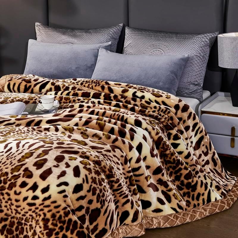 Mink Bed Blanket Queen Size 59 x 78.7 inches, 2 Ply Thick Plush Fleece Blankets with Leopard Pattern, Super Soft Cozy Microfiber Reversible Raschel Throw Blanket for Autumn Winter