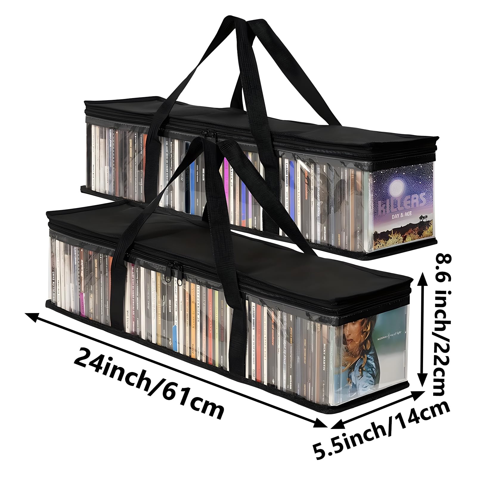 61x14x22cm Sacs de Rangement en Tissu Oxford PVC, Étui Transparent Grande Capacité avec Poignées Renforcées, Organisateur Portable pour Transport CD DVD Jeux Vidéo Livres Albums