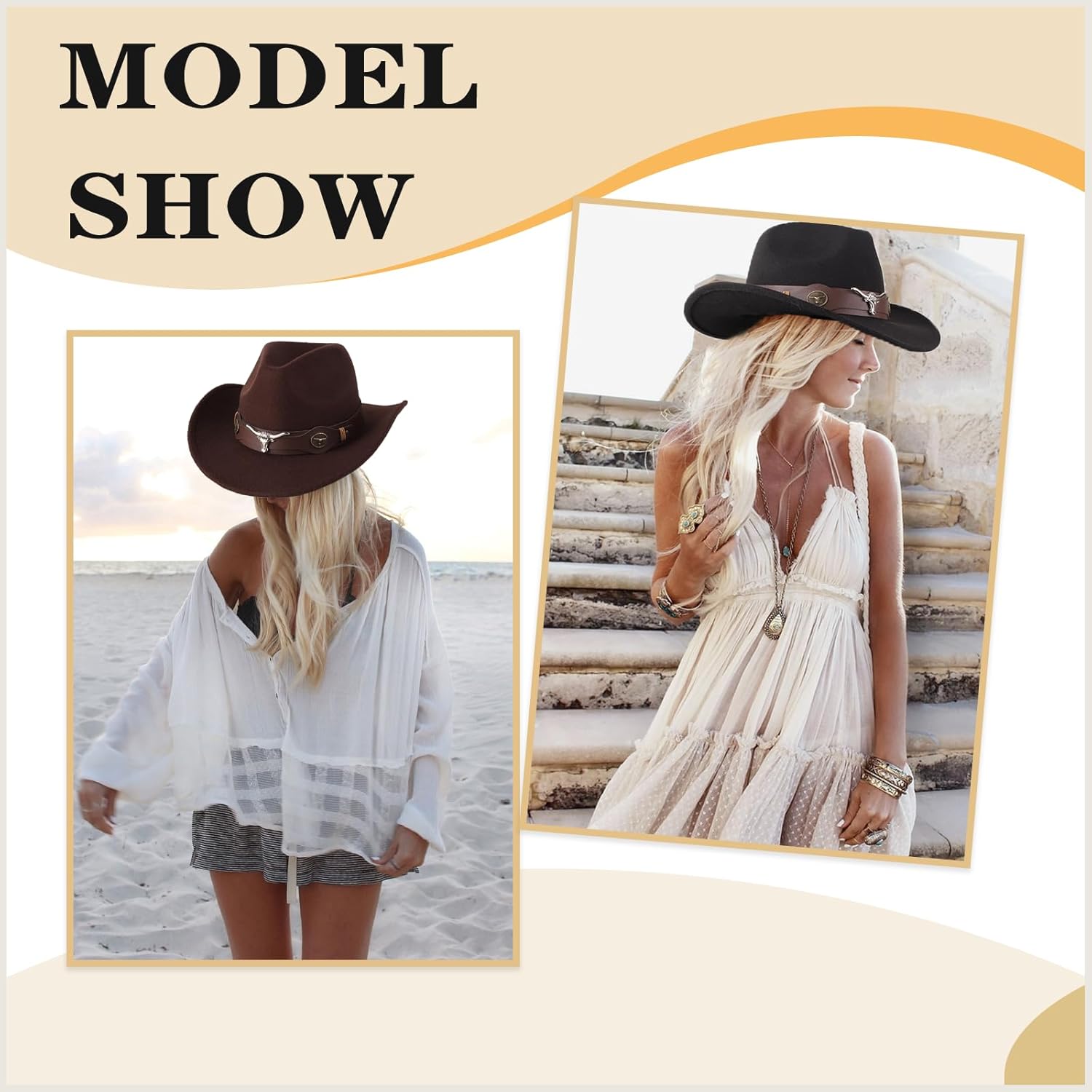 Western Cowboy Hat for Women Men Shapeable Wide Brim Cowboy & Cowgirl Hat Hat with Felt Wide Brim Belt Buckle Costume Party - Image 6