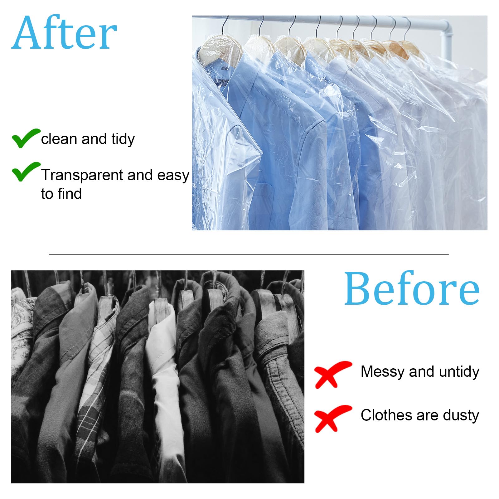 40 Pcs Clear Plastic Garment Bags - 60x120 Cm (24x47 In) Hanging Clothes Covers For Storage, Travel & Dry Cleaners